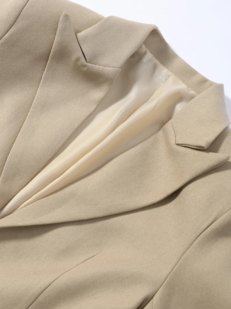 Women Pants Set Curved Hem Coat 2-Piece Sets Beige Stand Collar Jacket Hook Closure Top Wide Leg Trousers Casual Spring Outfit