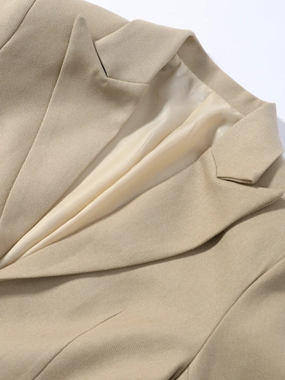 Women Pants Set Curved Hem Coat 2-Piece Sets Beige Stand Collar Jacket Hook Closure Top Wide Leg Trousers Casual Spring Outfit