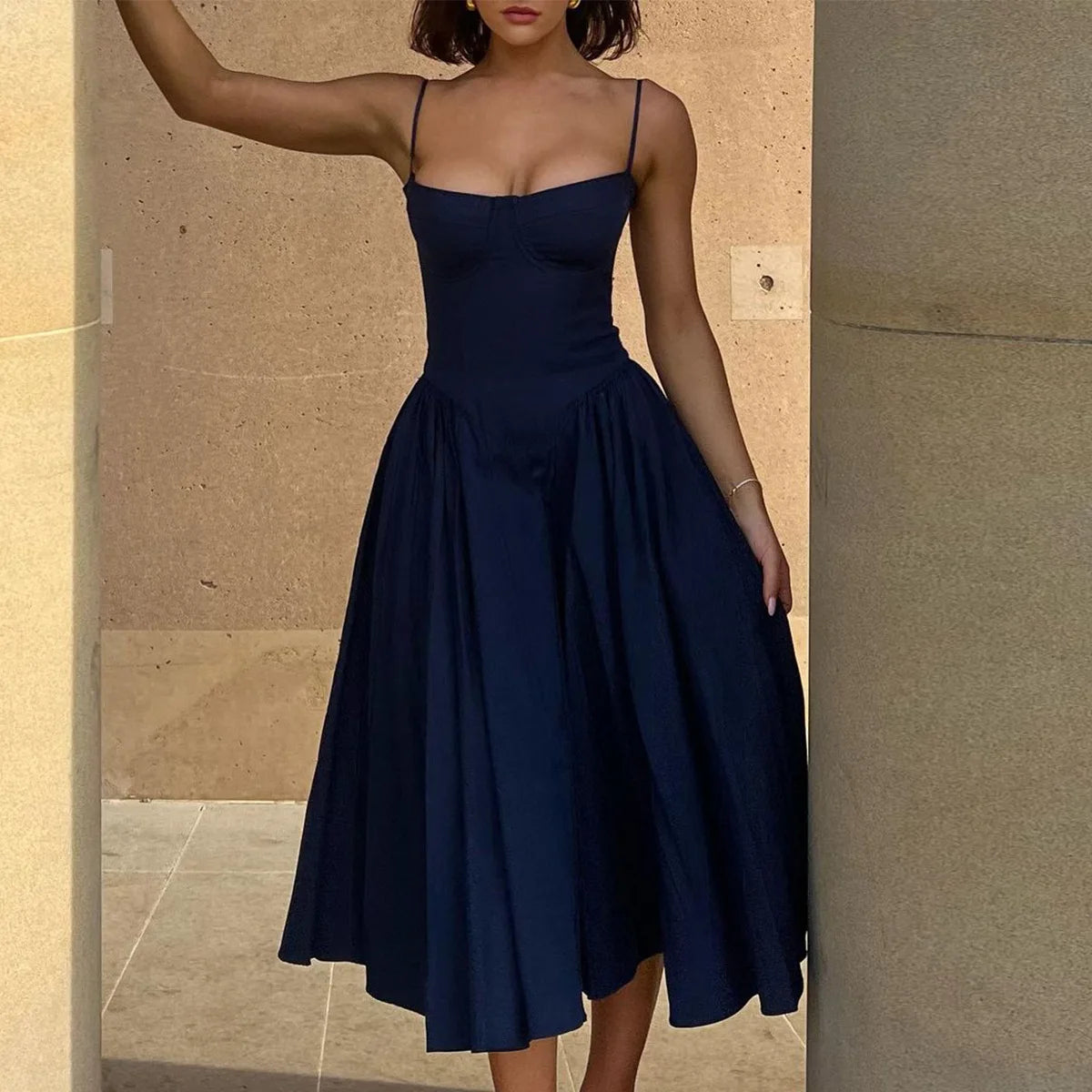 Sweetheart Spaghetti Strap  Fit and Flare Elegant Midi Dress