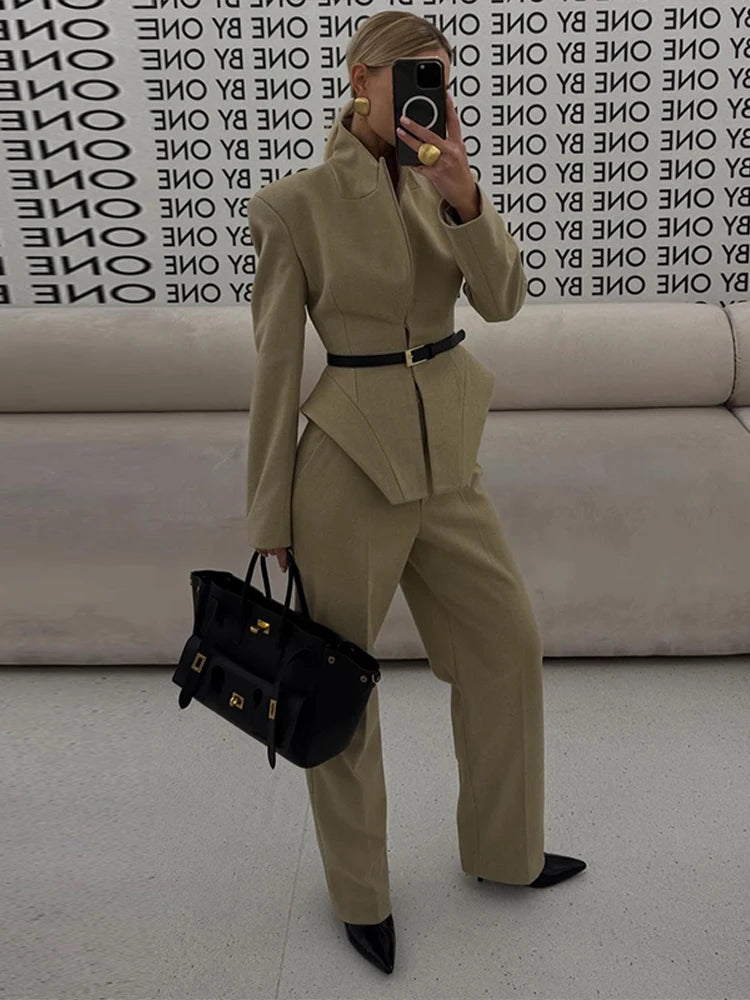 Women Pants Set Curved Hem Coat 2-Piece Sets Beige Stand Collar Jacket Hook Closure Top Wide Leg Trousers Casual Spring Outfit