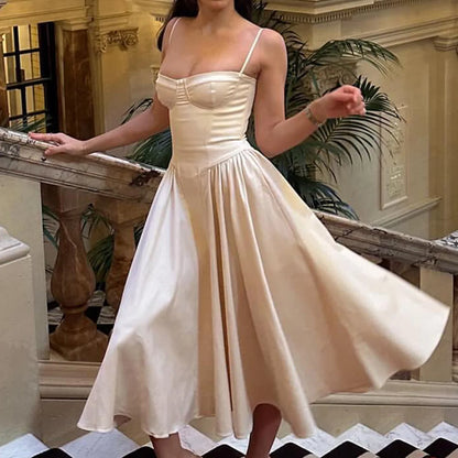 Sweetheart Spaghetti Strap  Fit and Flare Elegant Midi Dress