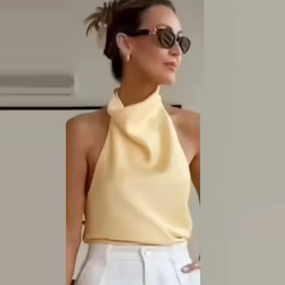 Satin Halter Sleeveless Open back Summer Top Off Shoulder