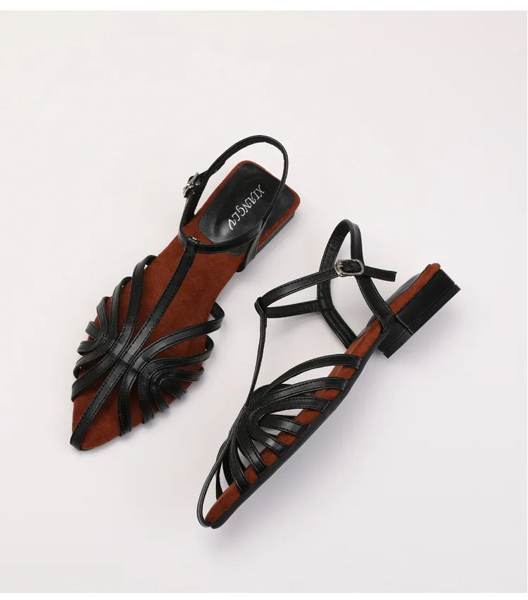 Sandals Summer Low Heel Ankle Strap Buckle Sandals Pointed Toe Hollowed Out T-strap Sandal