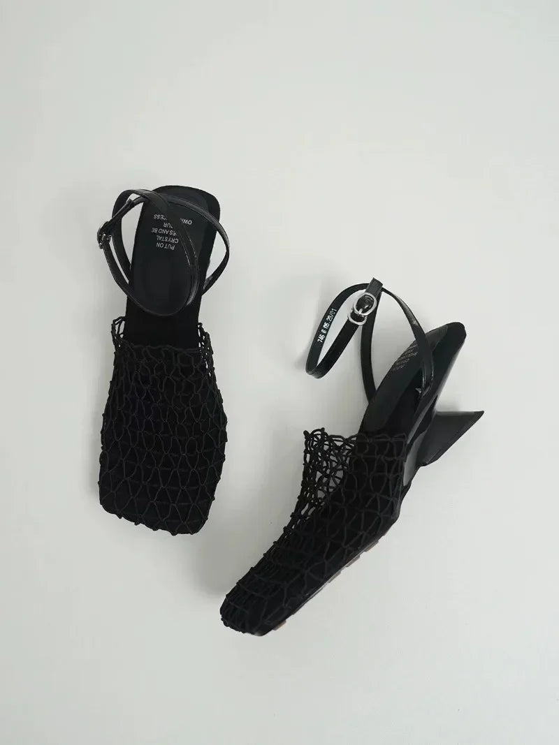 Luxury women's lace Mesh Fashion Sandals- Square Toe Shallow Narrow Strap Braided Slip-on High Heels Sandals