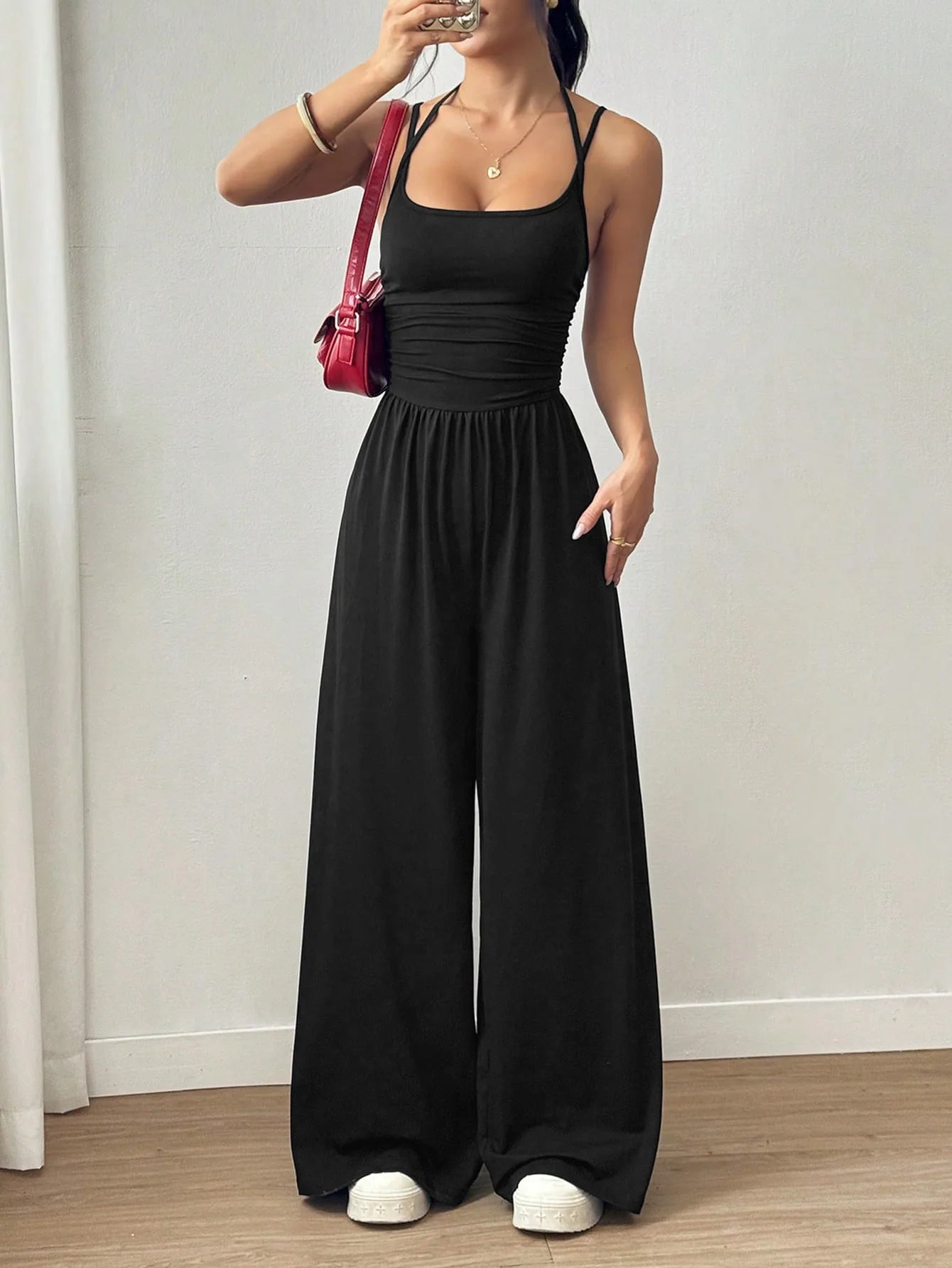 New Spring Summer Jumpsuit Solid Color Casual Simple Spring Summer Suspender Sleeveless High Waist Backless Loose Overalls