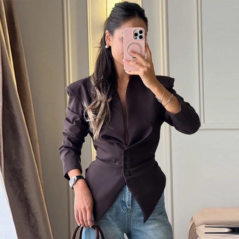 Casual Lace Up Solid Blazer Women Fashion Slim V-neck Single Breasted Full Sleeve Jacket Female 2026 Spring Lady Outwears New