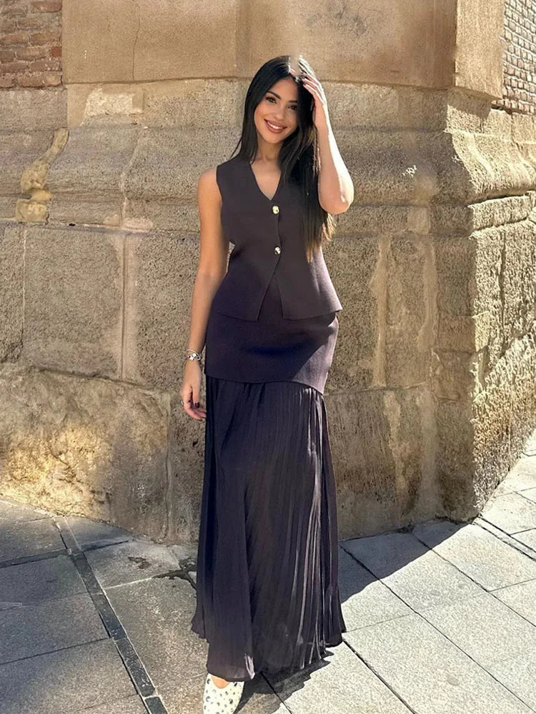 2 Piece Set Chic V-Neck Sleeveless Button Knitted Vest Top + Splicing High Waist Ankle-Length Skirt