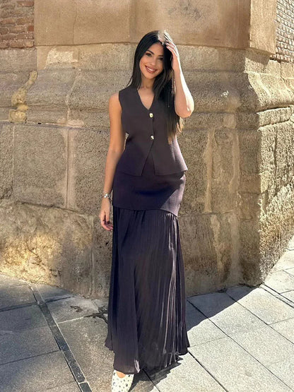 2 Piece Set Chic V-Neck Sleeveless Button Knitted Vest Top + Splicing High Waist Ankle-Length Skirt