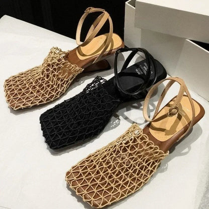 Luxury women's lace Mesh Fashion Sandals- Square Toe Shallow Narrow Strap Braided Slip-on High Heels Sandals