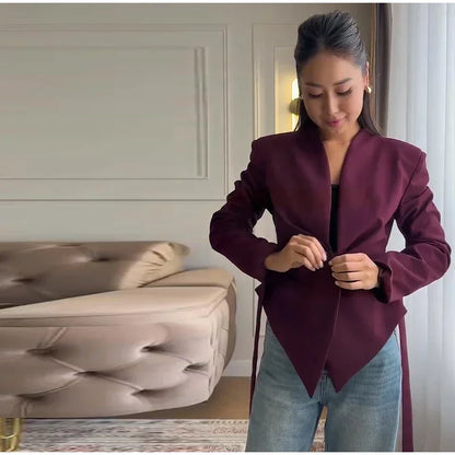 Casual Lace Up Solid Blazer Women Fashion Slim V-neck Single Breasted Full Sleeve Jacket Female 2026 Spring Lady Outwears New