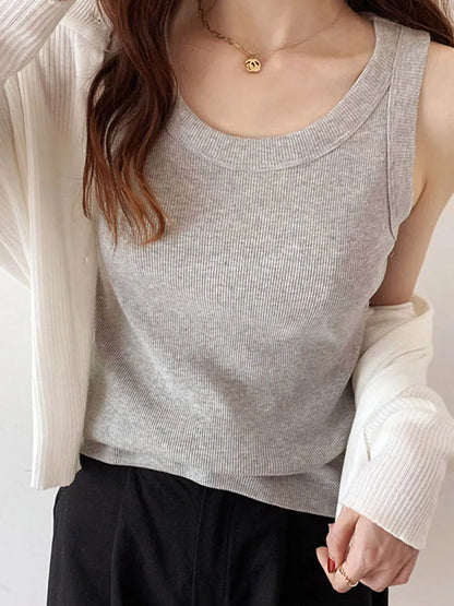 Summer Knitted Solid Color Tanks Top White Skinny Camisole Women Basic Camisole T-Shirt