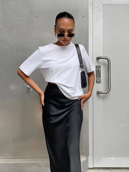 Elegant Long  Slim High Waist Satin Black Trumpet Skirts