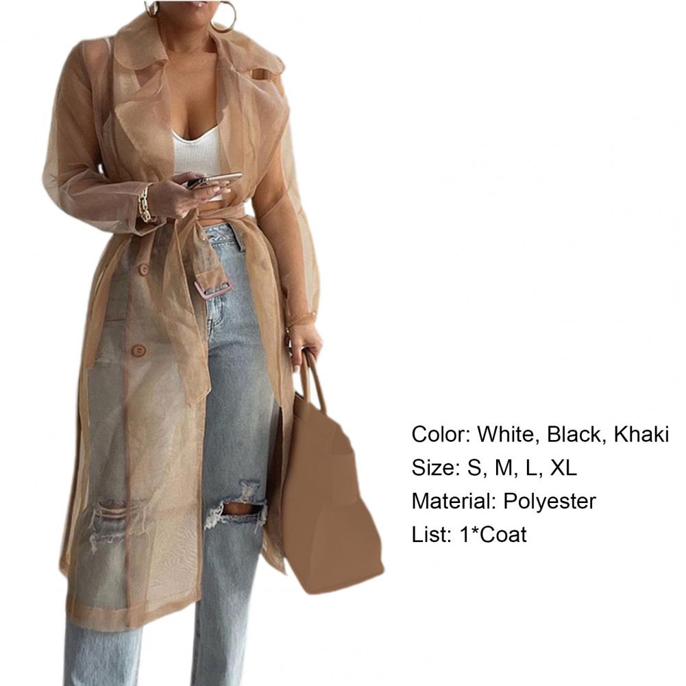 2023 Women Mesh Trench Coat Fashion See Through Jacket Summer Lace-up Sunscreen Shirt Net Yarn Long Shirt Thin Coat With Belt