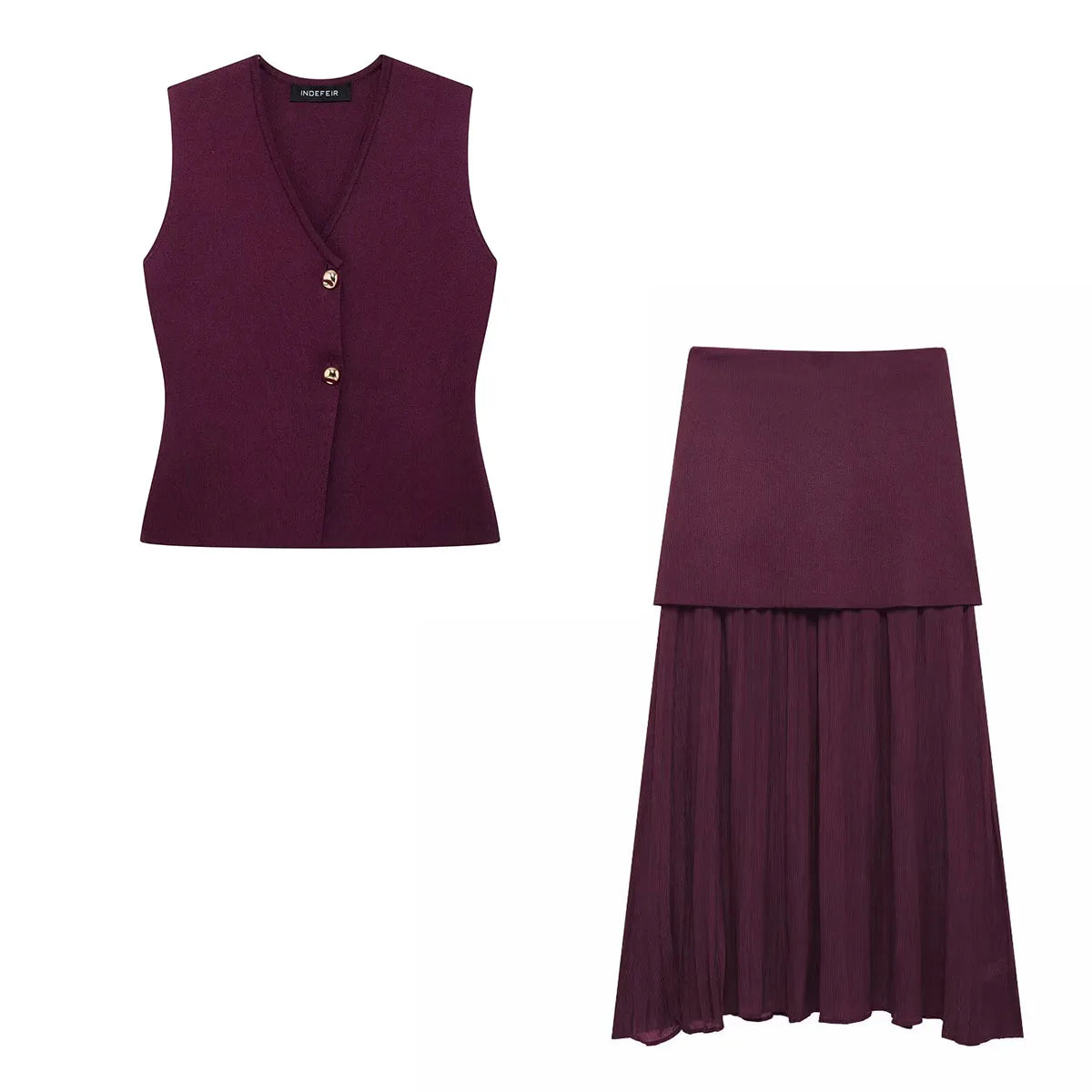 2 Piece Set Chic V-Neck Sleeveless Button Knitted Vest Top + Splicing High Waist Ankle-Length Skirt