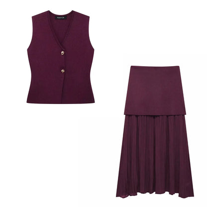 2 Piece Set Chic V-Neck Sleeveless Button Knitted Vest Top + Splicing High Waist Ankle-Length Skirt