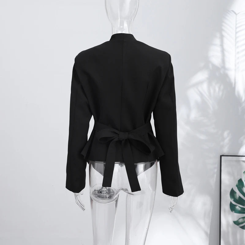 Casual Lace Up Solid Blazer Women Fashion Slim V-neck Single Breasted Full Sleeve Jacket Female 2026 Spring Lady Outwears New