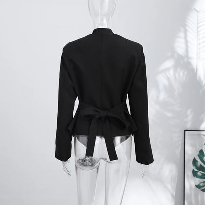Casual Lace Up Solid Blazer Women Fashion Slim V-neck Single Breasted Full Sleeve Jacket Female 2026 Spring Lady Outwears New