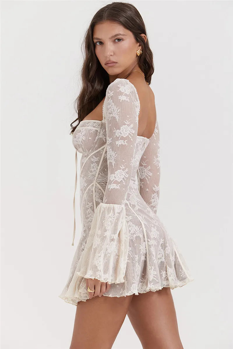 Elegant lace Mini Dress For Women Square Collar Long Sleeve Backless