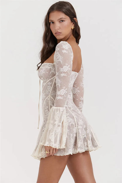Elegant lace Mini Dress For Women Square Collar Long Sleeve Backless