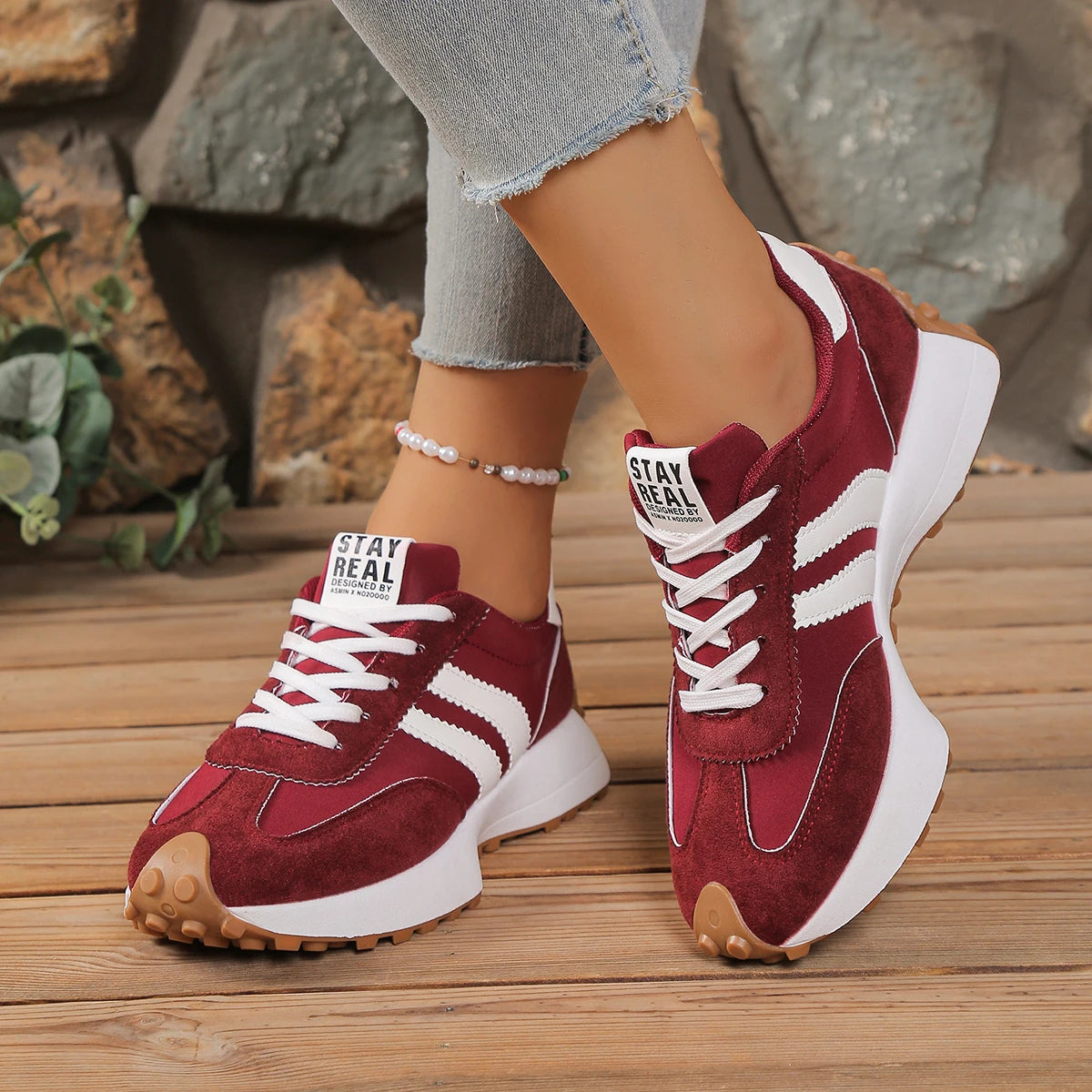 New Style Elegant Lace Up Casual Shoes Women Spring/Autumn Round Toe Thick Sole Anti Slip Comfortable Sports Shoes