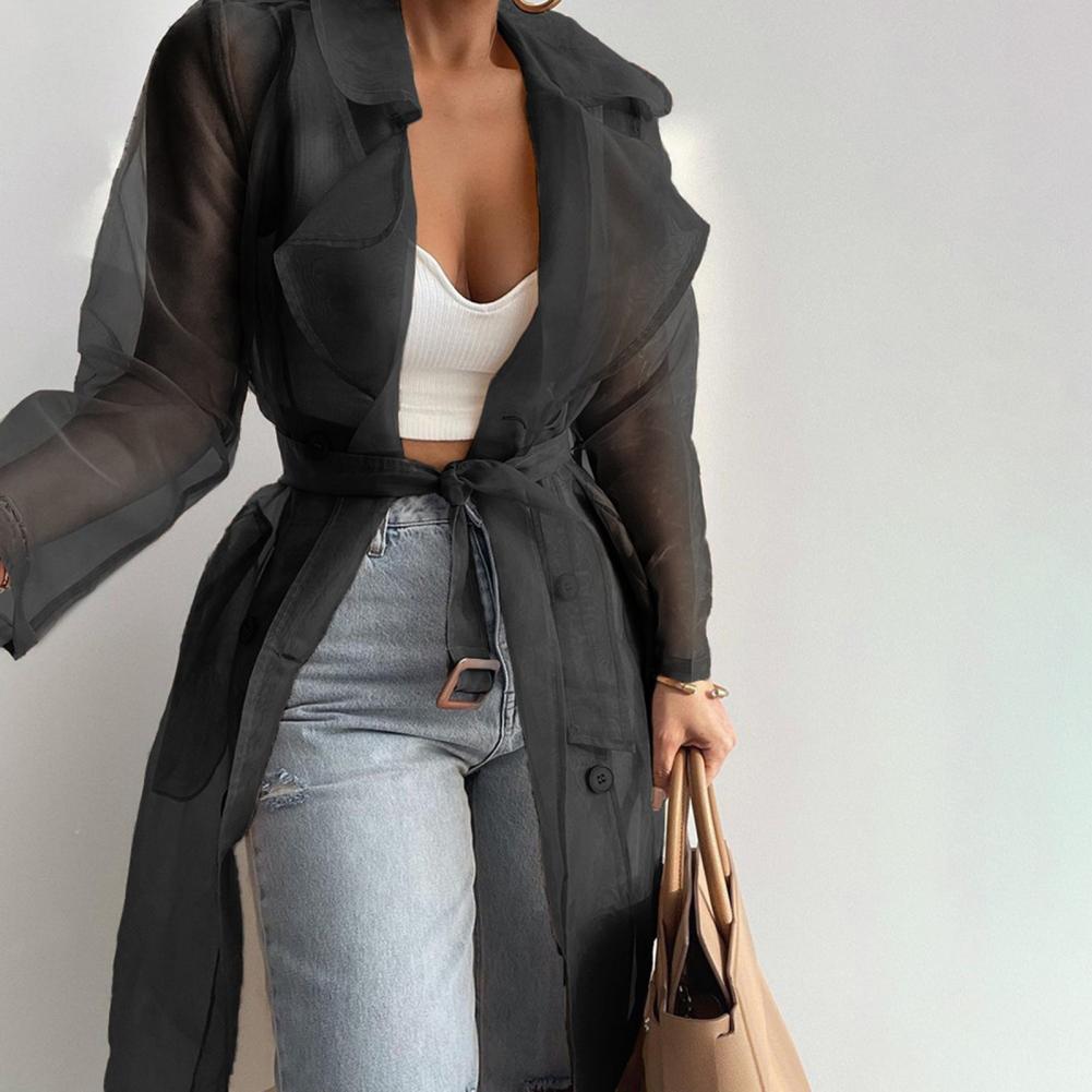 2023 Women Mesh Trench Coat Fashion See Through Jacket Summer Lace-up Sunscreen Shirt Net Yarn Long Shirt Thin Coat With Belt