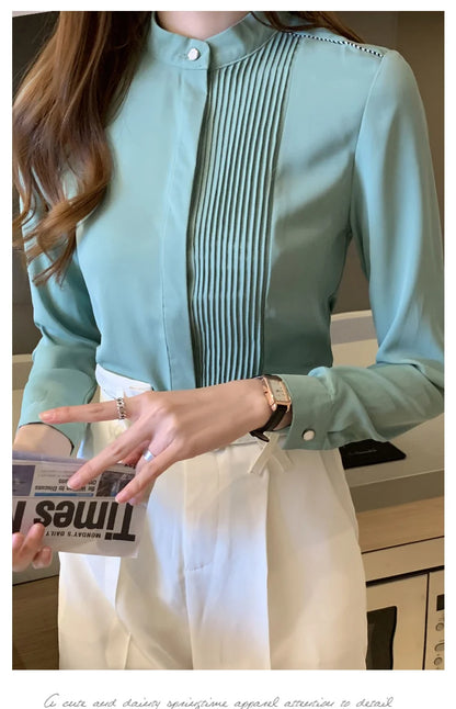 Long Sleeve Chiffon Blouse Shirt Women V-Neck-  Office Lady Blouse