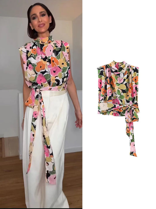 TFMLN Summer 2026 Women Sleeveless Blouse Top Elegant Floral Printed Shoulder Pad Top Chic Side Tie-up Fashion Lady Vest