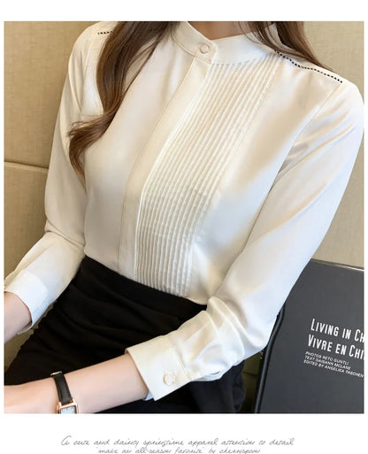 Long Sleeve Chiffon Blouse Shirt Women V-Neck-  Office Lady Blouse