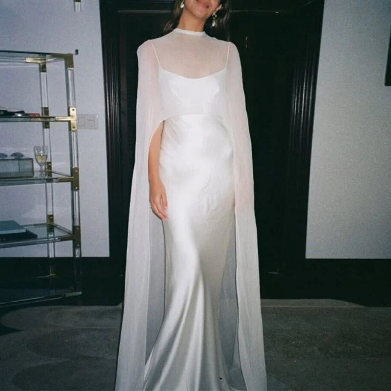 Women Chiffon Capelet Sheer Mesh Bridal Cape Shawl Wraps Asymmetrical High Low Flowy Wedding Party Cover Up Poncho