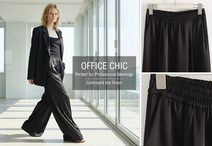 Luxury Wide Leg Baggy Satin High Waist Pants For Women Trousers With Pockets