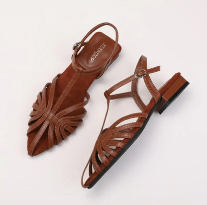 Sandals Summer Low Heel Ankle Strap Buckle Sandals Pointed Toe Hollowed Out T-strap Sandal