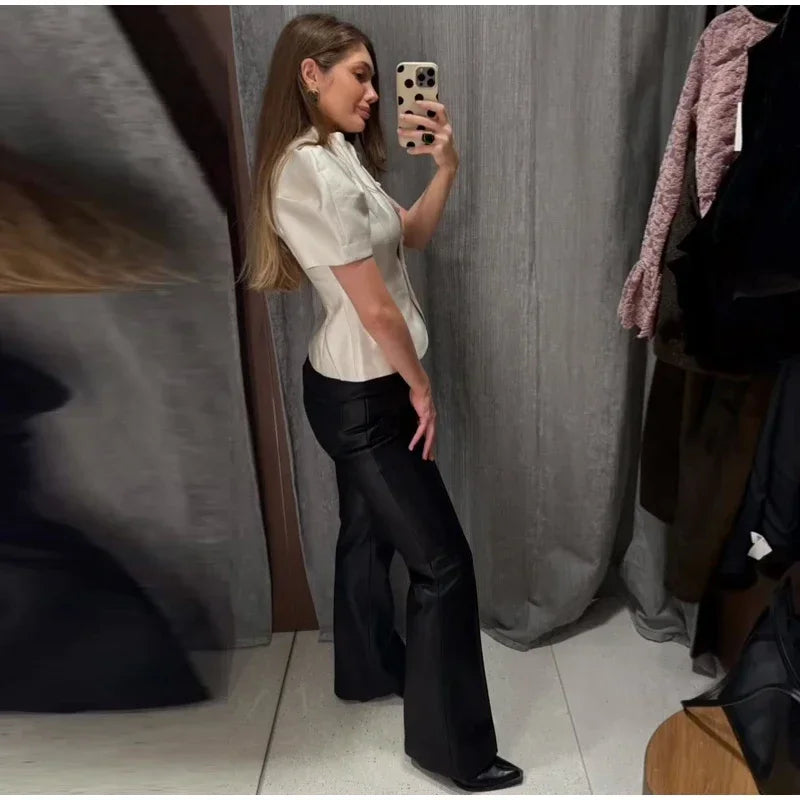 Solid Satin Round Neck Waist Cincher Shirt Slim Short Puffer Sleeved Single Breasted Tops 2026 Spring Women Elegant Blouses