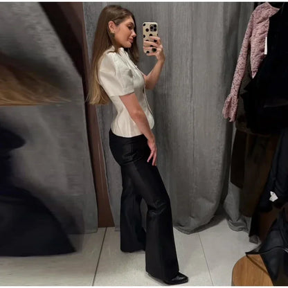 Solid Satin Round Neck Waist Cincher Shirt Slim Short Puffer Sleeved Single Breasted Tops 2026 Spring Women Elegant Blouses