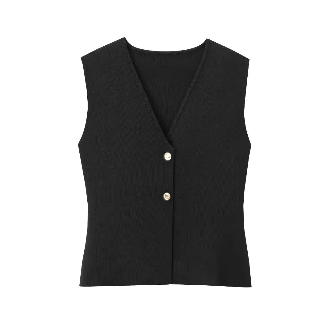 2 Piece Set Chic V-Neck Sleeveless Button Knitted Vest Top + Splicing High Waist Ankle-Length Skirt