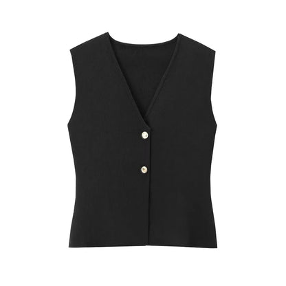 2 Piece Set Chic V-Neck Sleeveless Button Knitted Vest Top + Splicing High Waist Ankle-Length Skirt