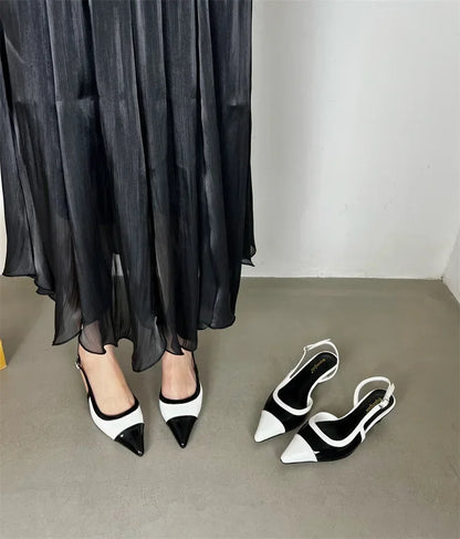 Black White Low Heeled Sandals Women Sexy Pointed Toe Slingbacks Chunky low Heels for Women Elegant Heels