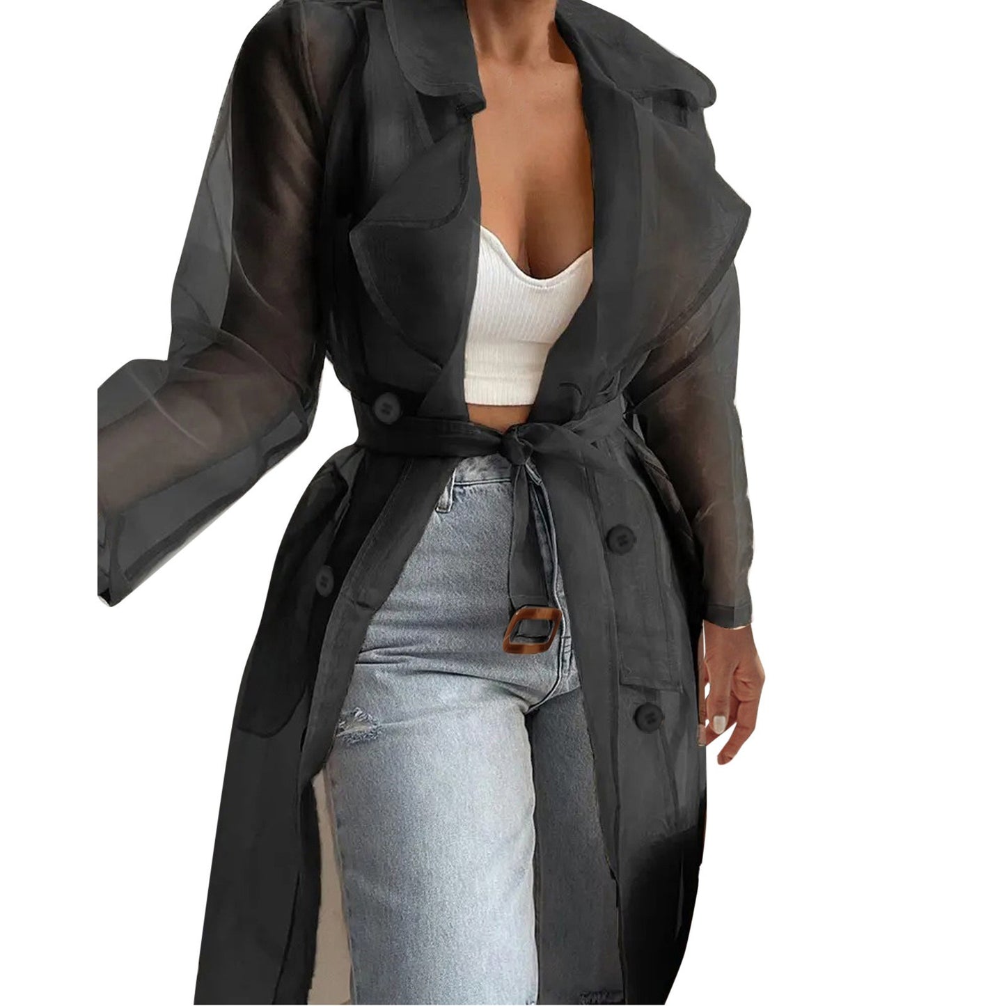 Jackets For Womens Mesh Transparent Overcoat Long Sleeve Buttoned Coat With Belt Turndown Collar Light Weight Long Jackets