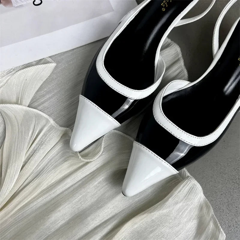 Black White Low Heeled Sandals Women Sexy Pointed Toe Slingbacks Chunky low Heels for Women Elegant Heels