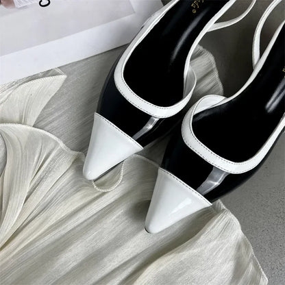 Black White Low Heeled Sandals Women Sexy Pointed Toe Slingbacks Chunky low Heels for Women Elegant Heels