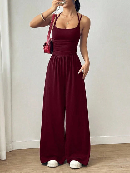 New Spring Summer Jumpsuit Solid Color Casual Simple Spring Summer Suspender Sleeveless High Waist Backless Loose Overalls