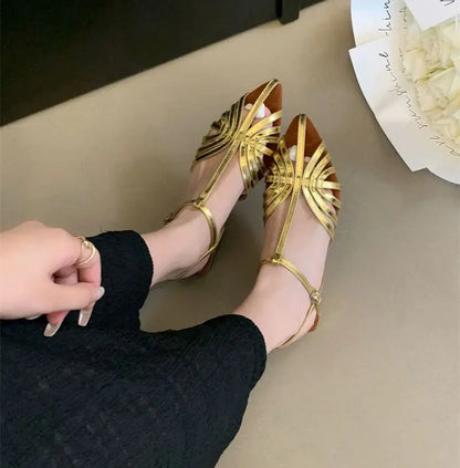 Sandals Summer Low Heel Ankle Strap Buckle Sandals Pointed Toe Hollowed Out T-strap Sandal