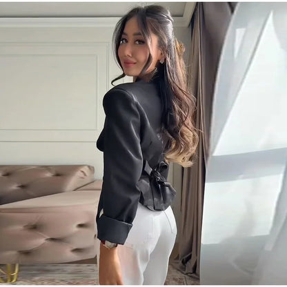 Casual Office Women's Blazer Jacket Pleated Waist Cinched Tie Up Long Sleeve Tops Elegant 2026 Spring Female Outerwear Outfit