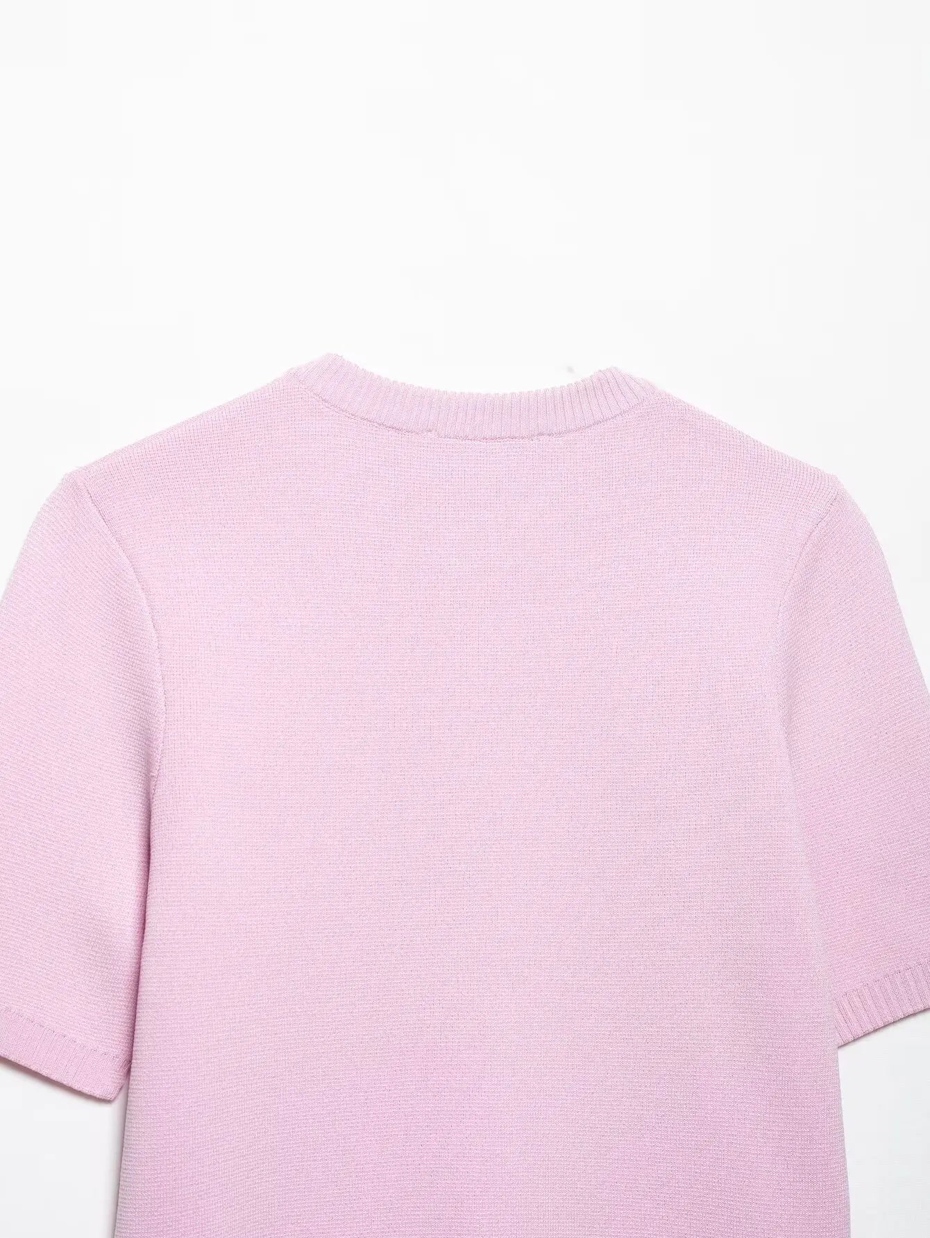 Knitted Skirt Suit Crew Neck Single-Breasted Short Sleeve Top+Fashion Elegant Elastic Waist Mini Skirt