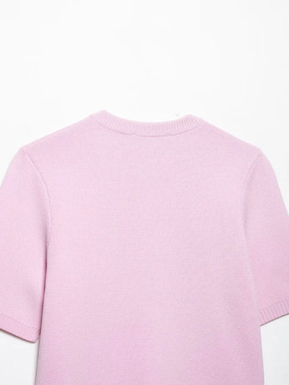Knitted Skirt Suit Crew Neck Single-Breasted Short Sleeve Top+Fashion Elegant Elastic Waist Mini Skirt