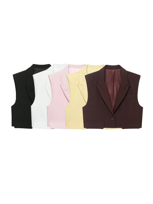 Women's Chic Vest Tops Fashion Cropped Waistcoat Sleeveless Lapel Collar Female Outerwear