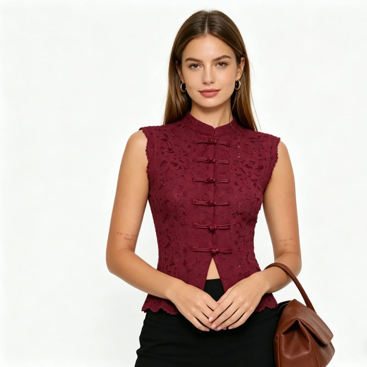 Lace Crop Top Sleeveless Chinese Frog Button Vest