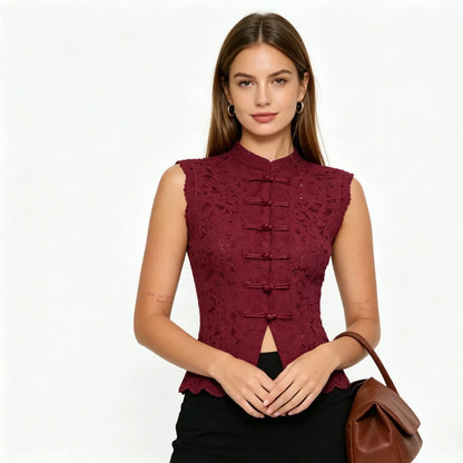 Lace Crop Top Sleeveless Chinese Frog Button Vest