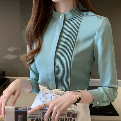 Long Sleeve Chiffon Blouse Shirt Women V-Neck-  Office Lady Blouse