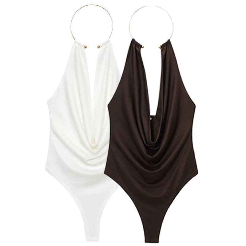 Sexy Jewel Halter Draped Backless Bodysuit