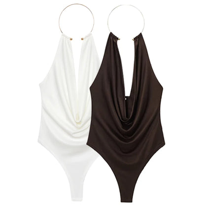 Sexy Jewel Halter Draped Backless Bodysuit